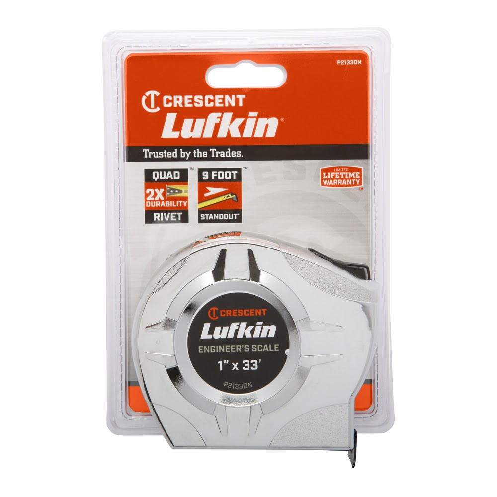 Crescent Lufkin P2133DN 1" x 33' Chrome Case Yellow Clad A4 Blade Power Return Engineer's Tape Measure - 2