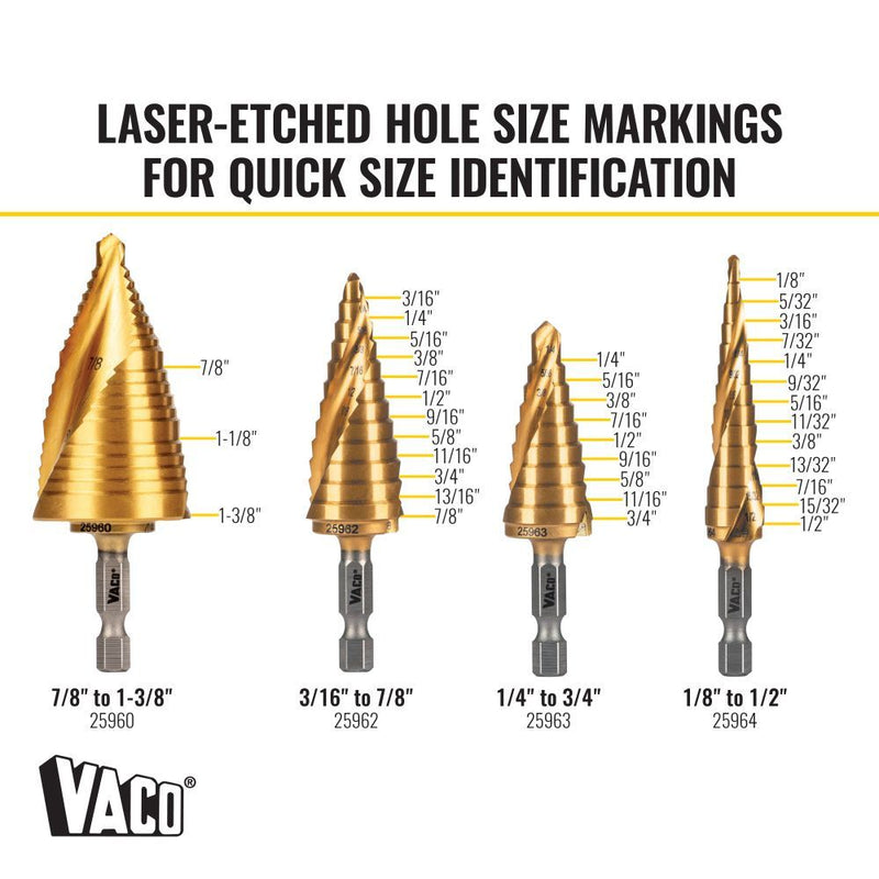 Klein 25950 Step Bit Kit, Spiral Double-Fluted, VACO, 4-Piece - 3