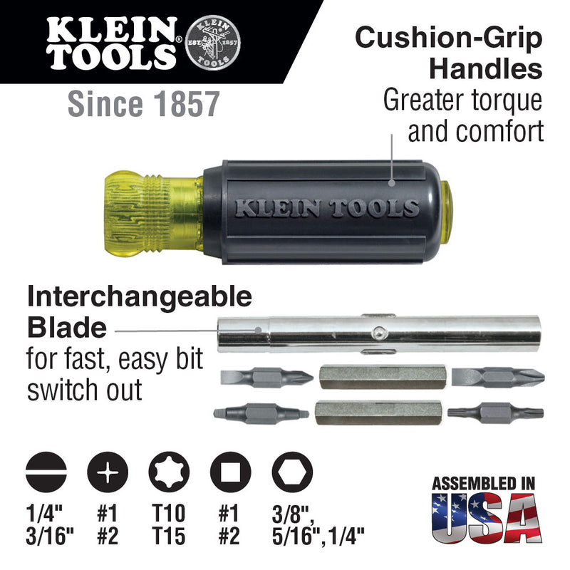 Klein Tools 32500 Multi-Bit Screwdriver / Nut Driver, 11-in-1, Ph, Sl, Sq, Torx Bits - 3