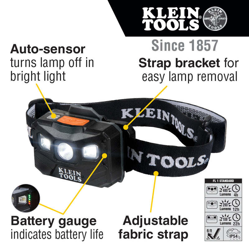 Klein 56048 Rechargeable Headlamp with Strap, 400 Lumen All-Day Runtime, Auto-Off - 2