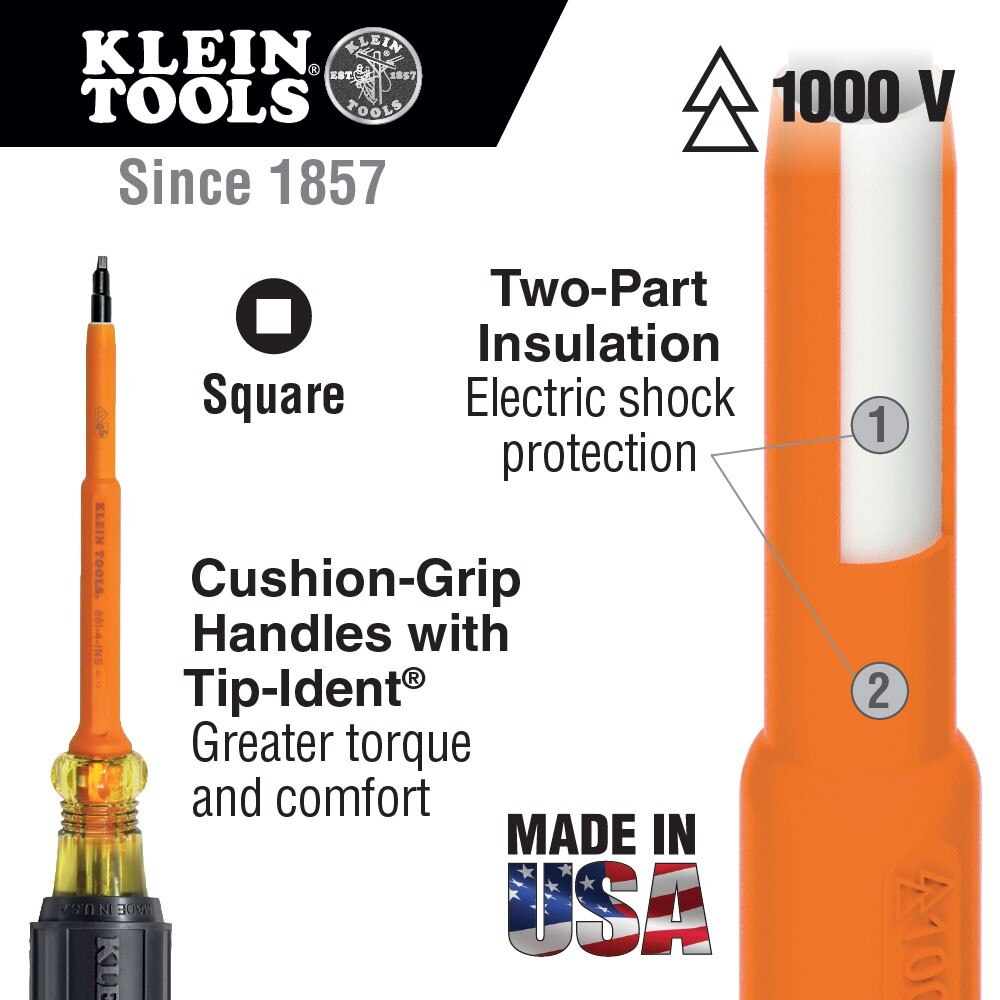 Klein Tools 661-4-INS Insulated Screwdriver, #1 Square Tip, 4" Shank - 2