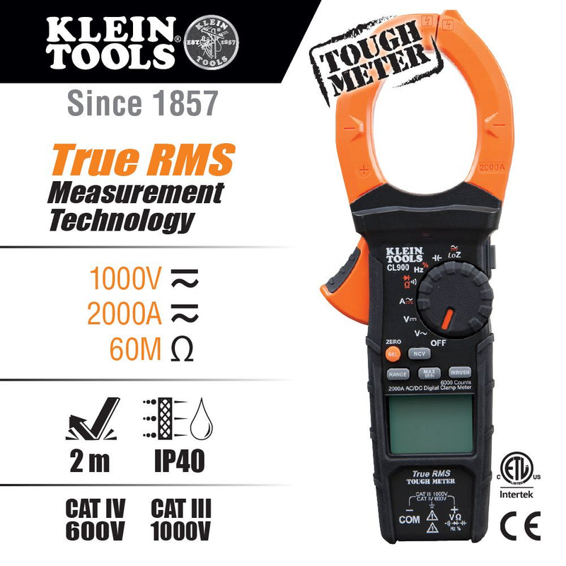 Klein CL900 Digital Clamp Meter, AC Auto-Range TRMS, Low Impedance (LoZ), 2000 Amp - 2