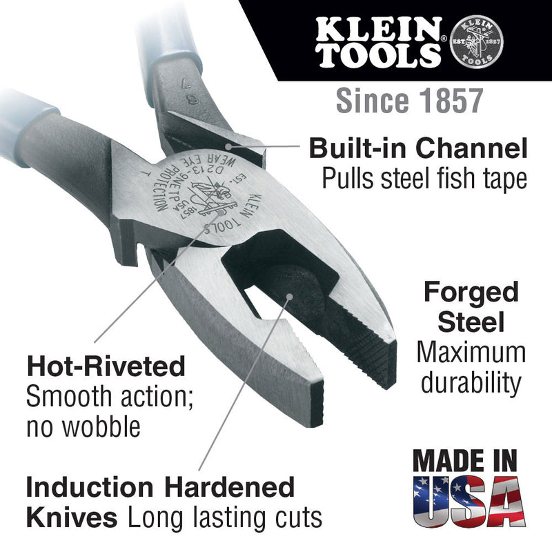 Klein Tools D2000-9NETP Lineman's Pliers, Fish Tape Pulling, 9" - 2