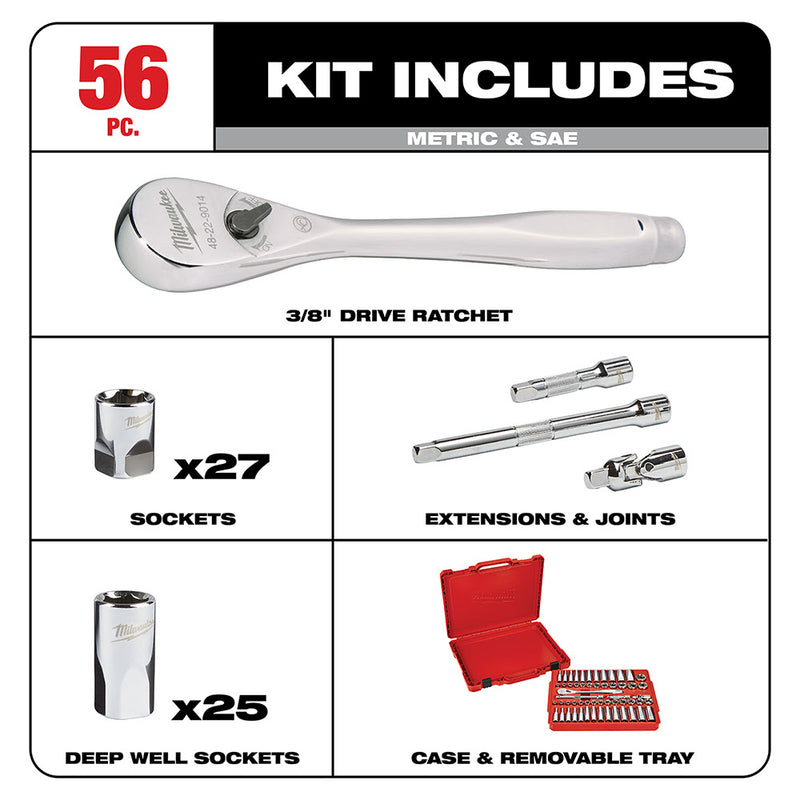 Milwaukee 48-22-9008 3/8" Drive 56 Piece Ratchet & Socket Set - SAE & Metric - 2