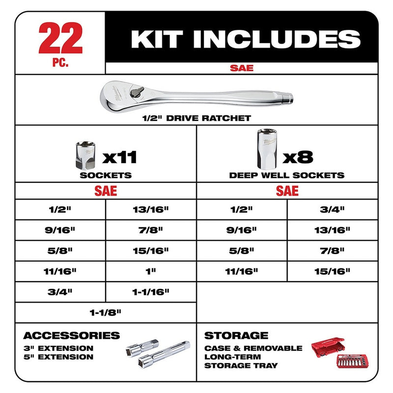 Milwaukee 48-22-9410 22 pc 1/2" Socket Wrench Set – SAE - 5