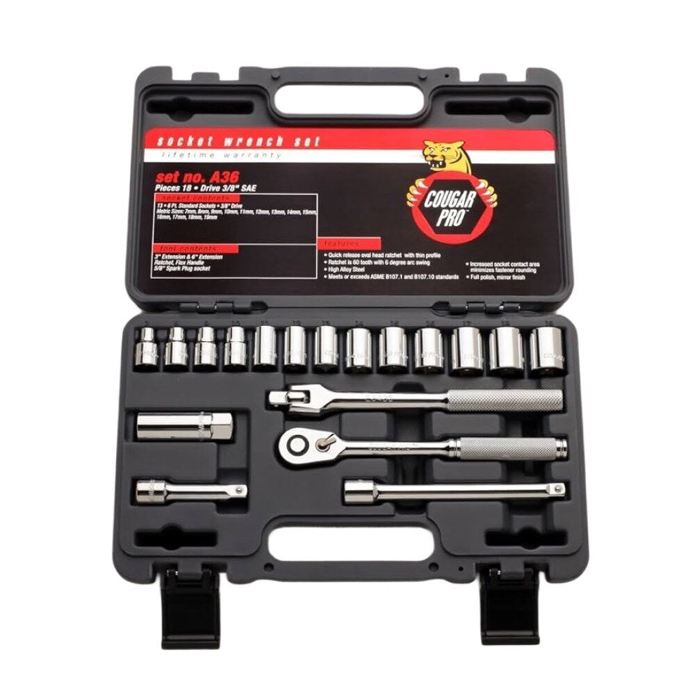 Wright Tool A36 3/8" Drive 18 Piece Standard Cougar Pro Sockets Set